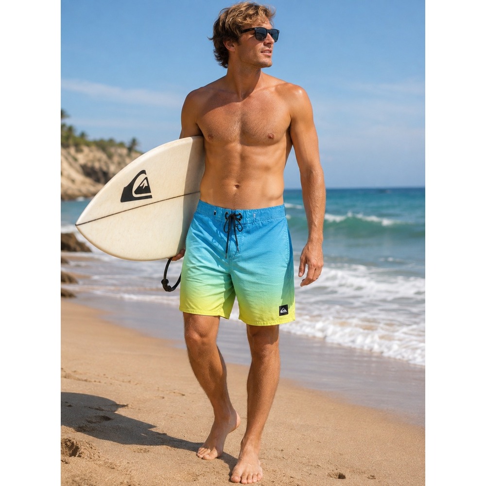 Quiksilver Men's 32 SurfSilk Boardshorts Blue Yellow Ombre Stretch Swim Surf